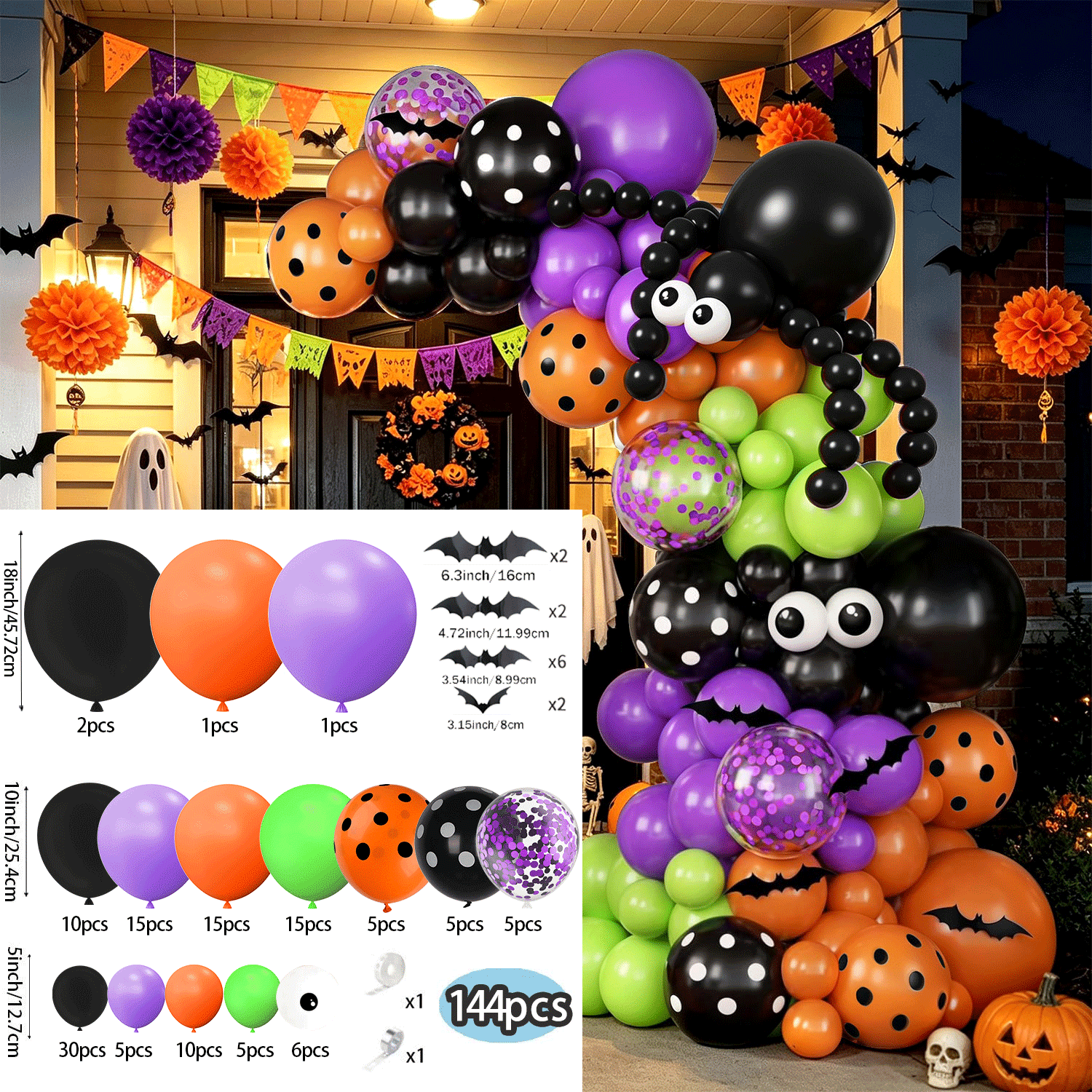 TEMU Kit di palloncini 144 pezzi Viola Lime Verde, viola trasparenti, palloncini in lattice con stampa occhio di pipistrello, occhielli, per esterni,