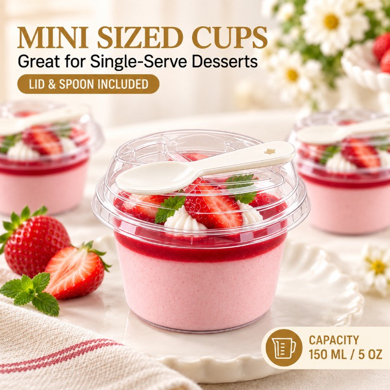 141pcs Mini Round Pudding Cups Set with Lids and Spoons