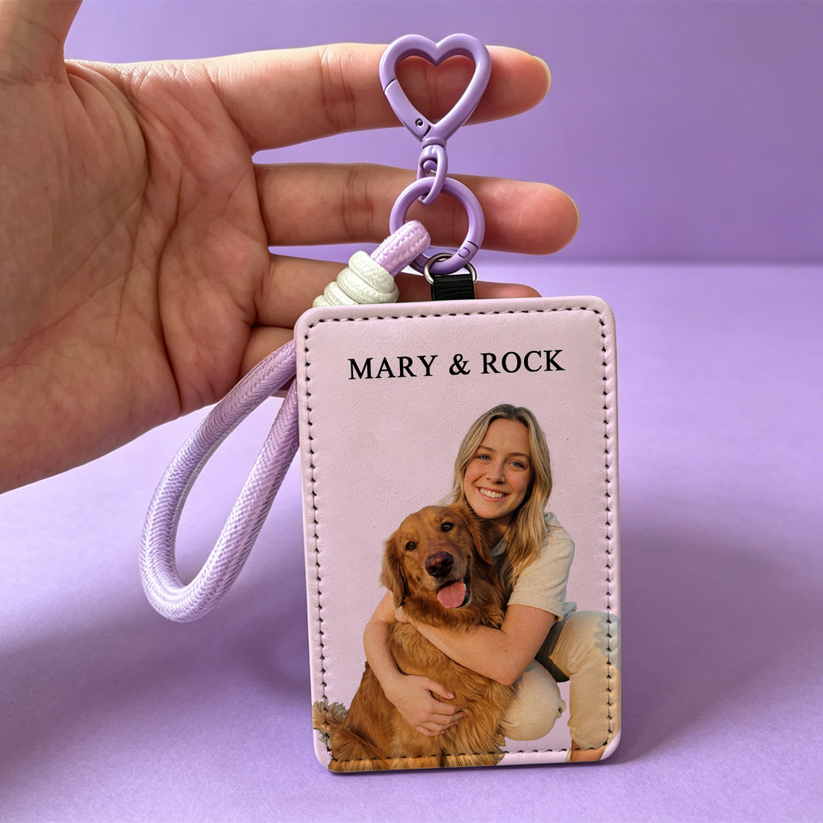 TEMU [customization] Personalized Custom Bus Card Case, Customizable Name, Custom Photo, Pet Photo , Heart Pendant With Purple Lanyard, Diy Card