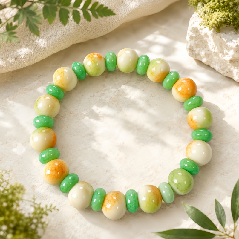 Green Marble Pattern Bead Bracelet, Bohemian Style