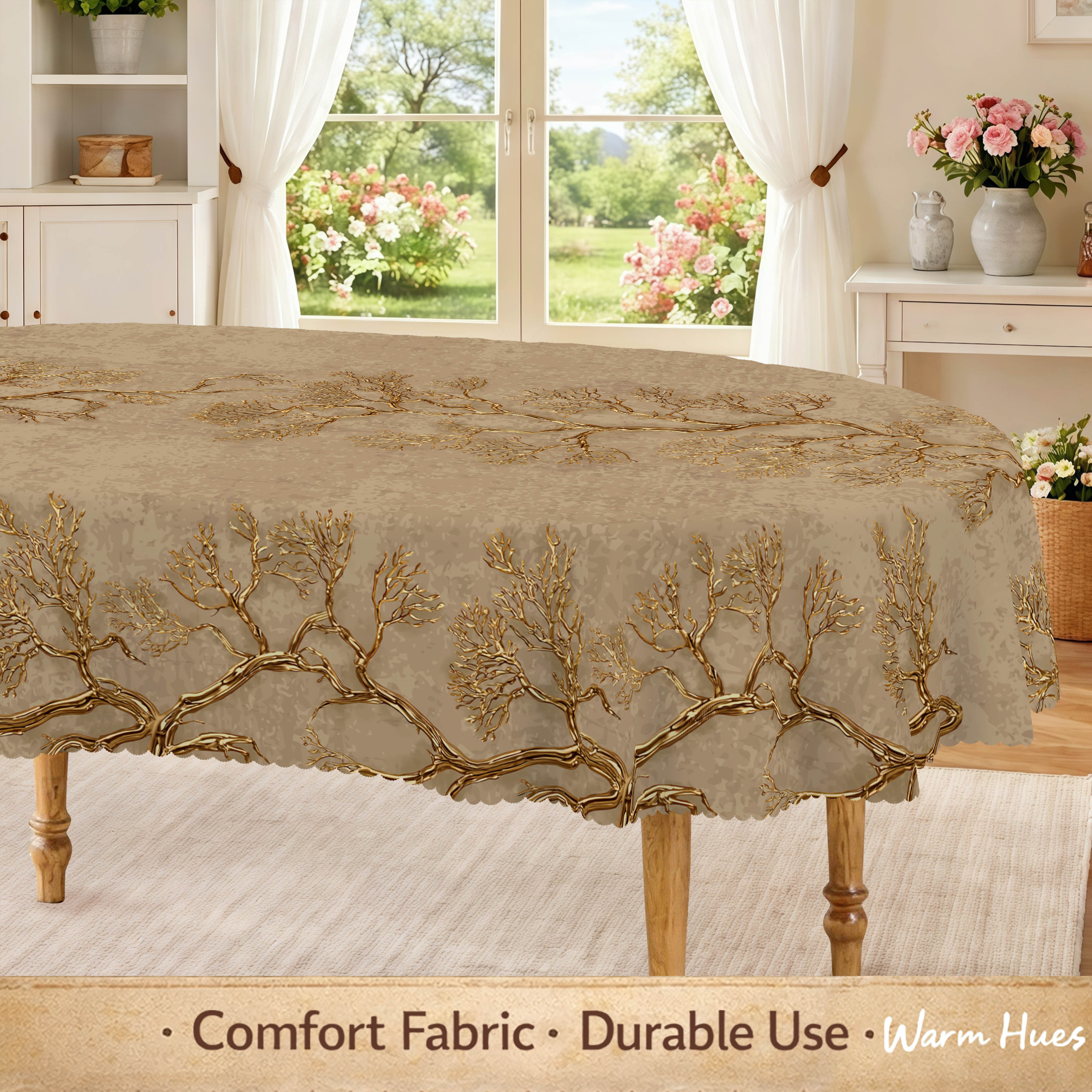 1pc, Vintage Golden-Brown Tree Tablecloth, Elegant Golden Branch Print with Intricate Twigs And Leaves, Artistic Nature Design on Textured Beige Background, Botanical Style Table Cover for Dining Room, Kitchen And Home Decor, 7 Sizes Available