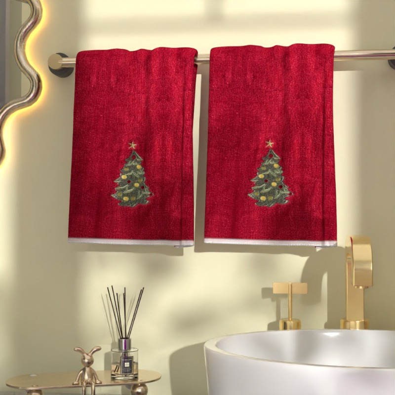 

2pcs Christmas Tree Embroidered Towel Set, 18x26 Inch, Super Soft Polyester, Unscented, Woven, Relaxed-textured Hair Compatible, With Ideal For Seasonal Home Decor & Gifting