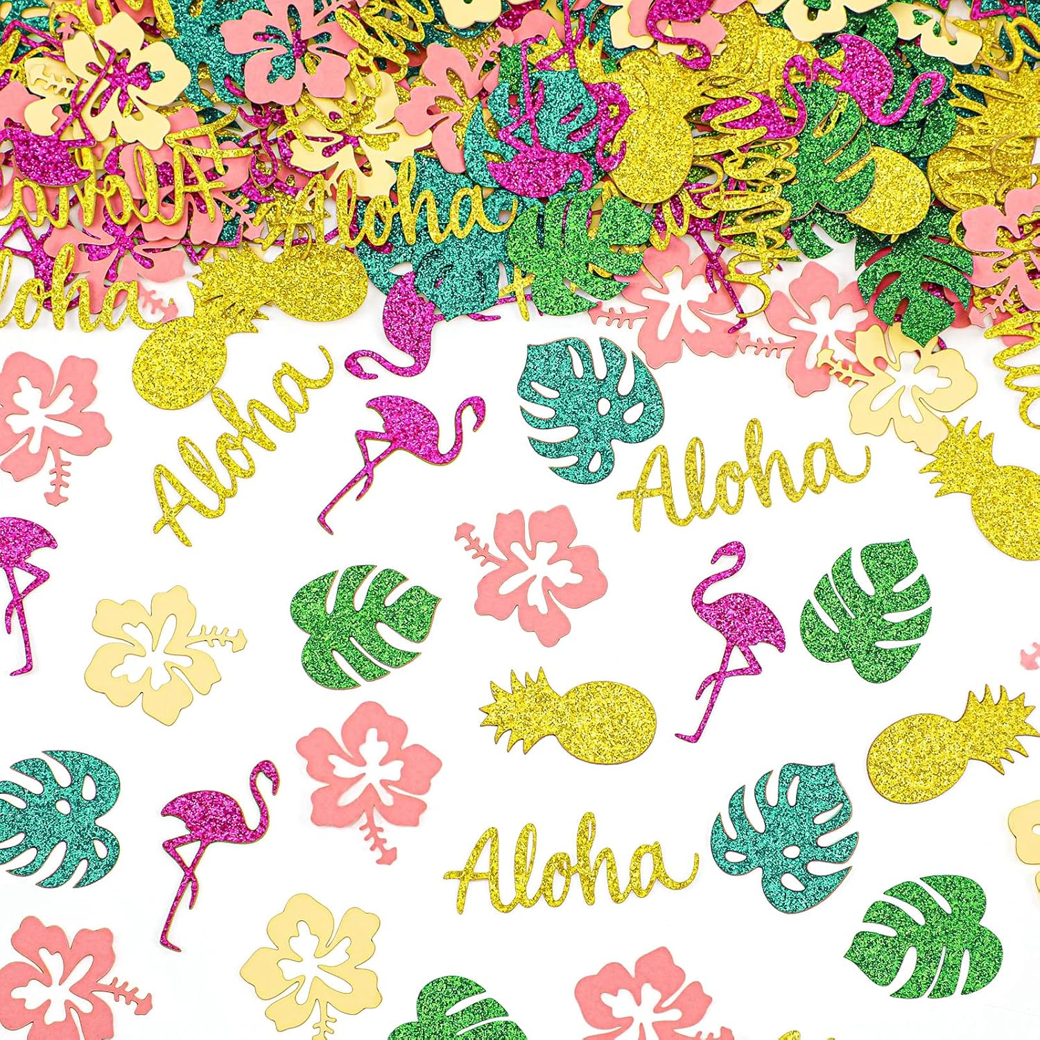 TEMU 110pcs Confetti Flamingo Pineapple Palm Luau Golden Pink Green Leaf Decorations For Birthday Shower Pool Beach Jungle Wedding, For Christmas,