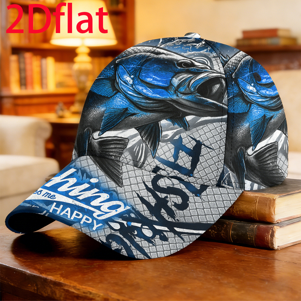TEMU 1pc-2dflat Blue Tone Style Fishing Illustration Baseball Dancing Vintage Baseball Hat Fits Most Hat Peaked Fishing Trip Birthday Gift Sports