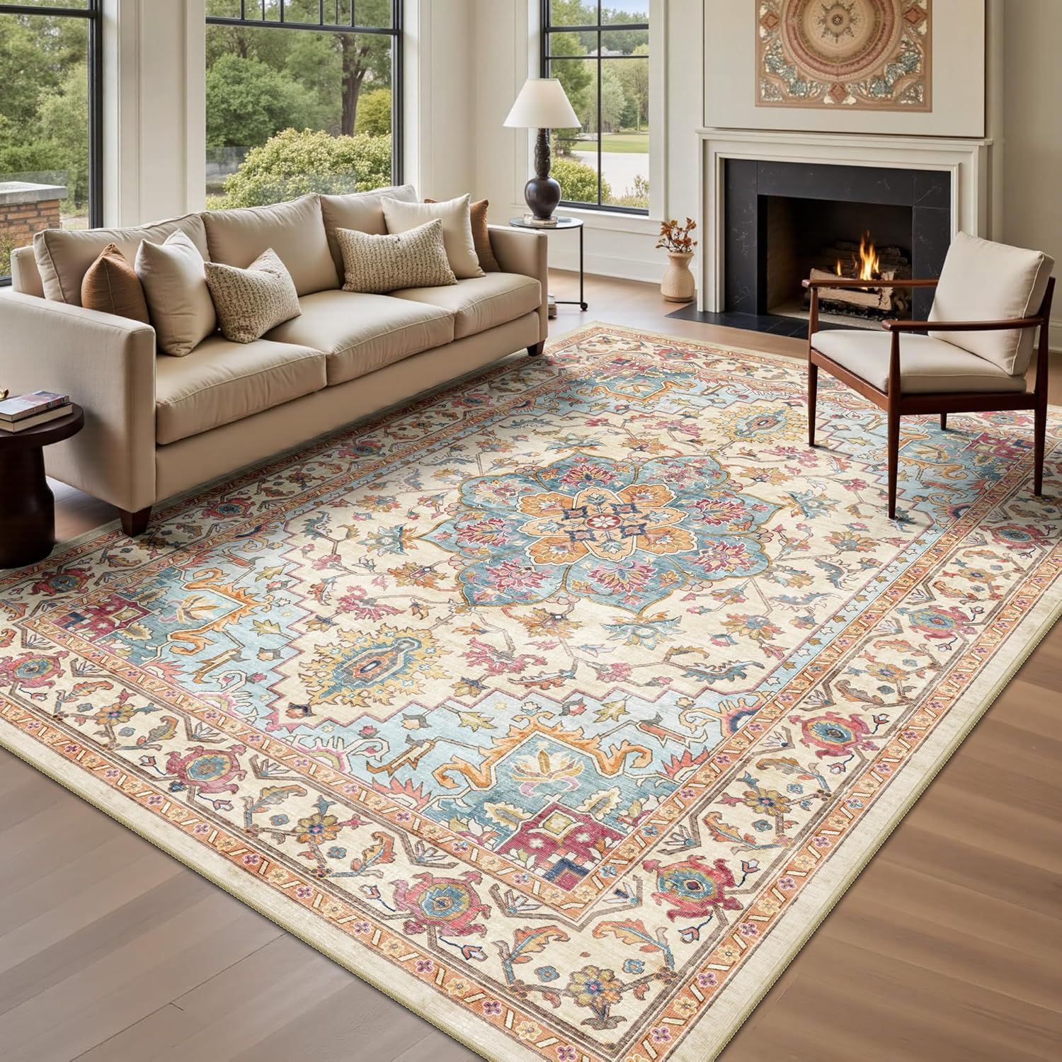 TEMU 1pc Boho Vintage Area Mat - Machine Washable, Non- Slip, Super Mat, For Living Room, Bedroom, Office, Large Sizes, Boho Theme Rugs