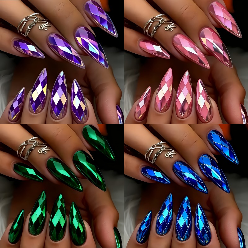 TEMU Set Of 96 Gothic 3d Diamond-shaped Ultra-shiny Press-on Nails In Medium-long Almond Style, Featuring Multiple Colors (purple, Green, Blue, Pink)