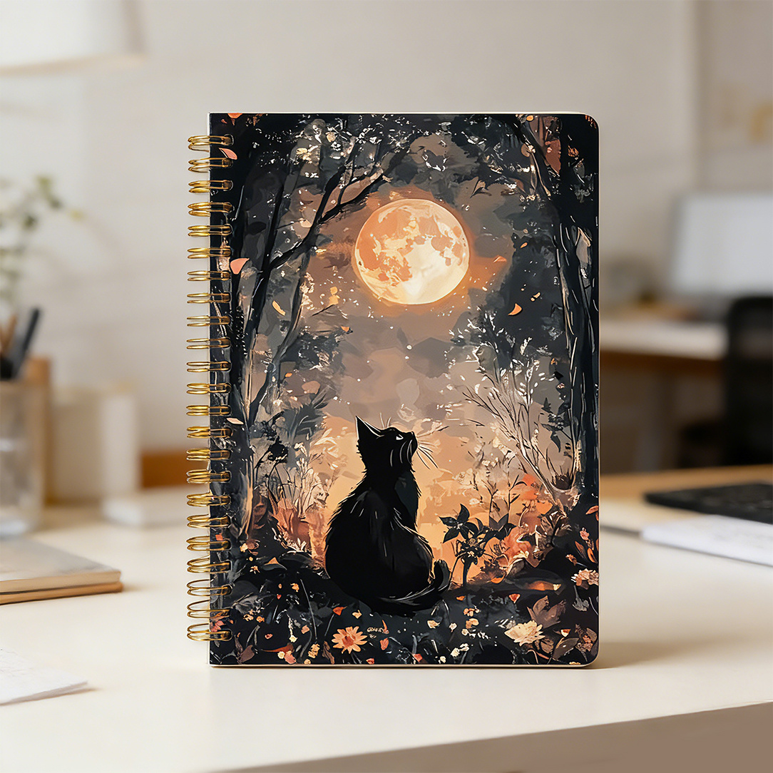 TEMU 1pc Cute Black Cat Spiral Notebook With & Autumn Leaf Patterns - Soft Cover Journal Suitable For Diaries, Sketches, Planners, Daily Lists -