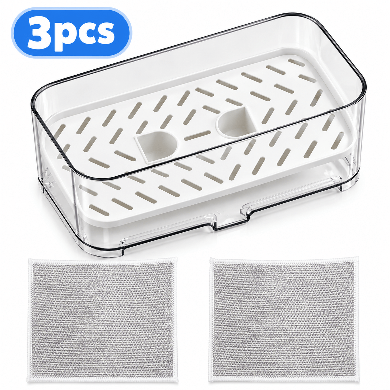 TEMU 3pcs Set Kitchen Drain Rack And Cloth X2, Cloth And Sponge Drain Rack, With Drain Separator - Multifunctional Kitchen And Bathroom Storage Box,