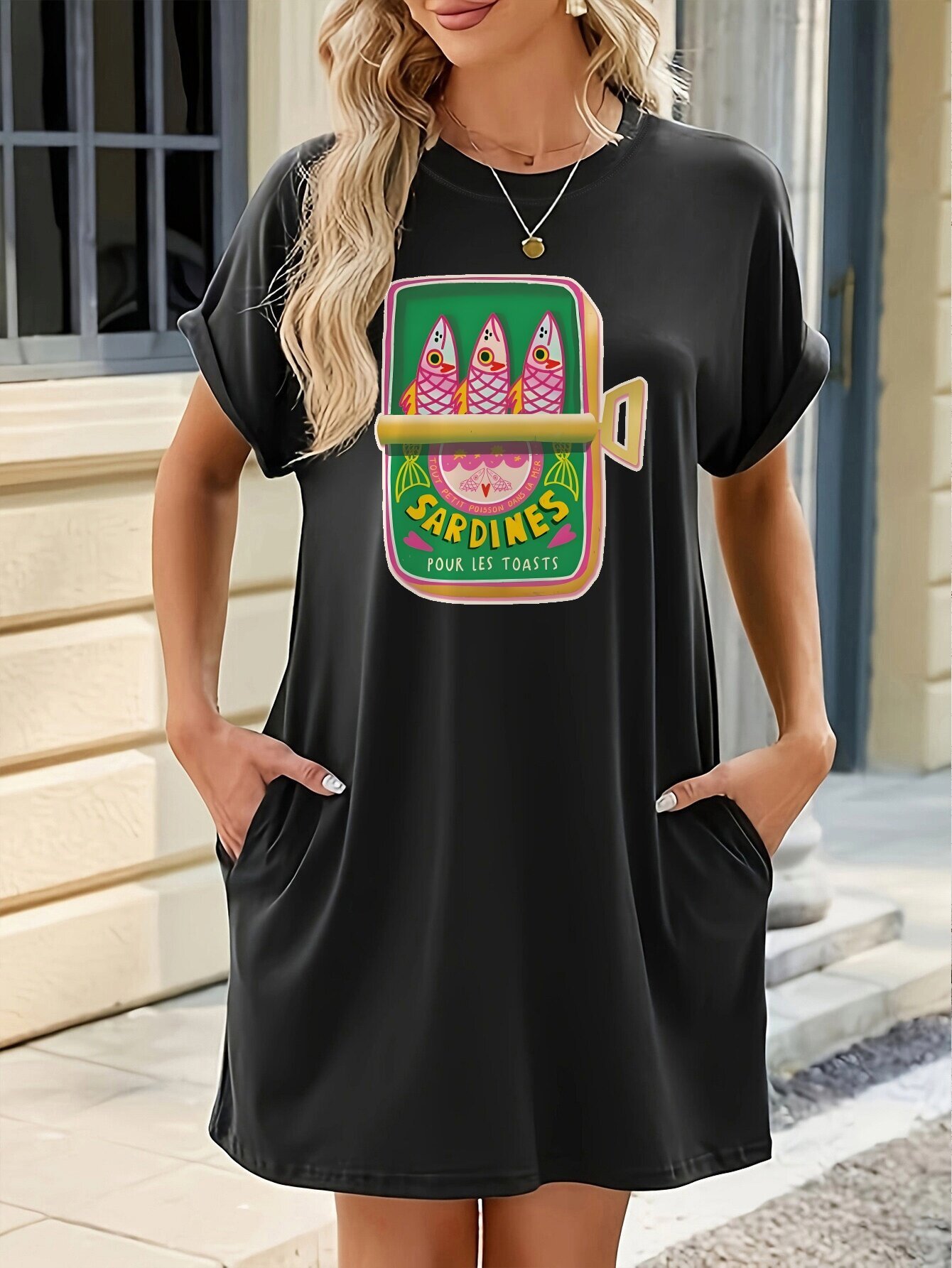 womens casual sardine print t shirt dress pockets fun Temu Canada