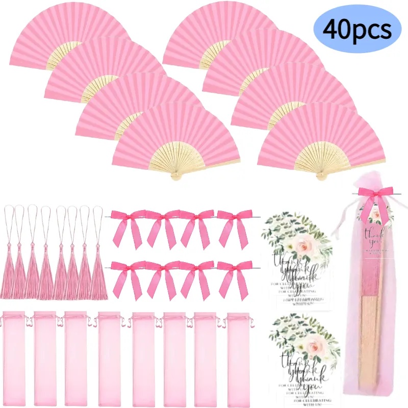 TEMU Boîte de 40 Éventails de Mariage, Incluant 8 Sacs en Mousseline de Chiffon Transparente, 8 Nœuds Papillon, 8 et 8 Cartes de Vœux - 8 Éventails