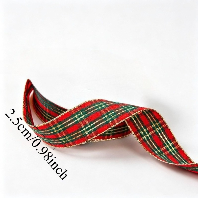 TEMU Bow And Ribbon, 2.5cm Red And Green Checkered Pattern With Golden- Binding, 4.5 Meters Of Ribbon. Suitable For Flower Gift Box Wrapping, Diy