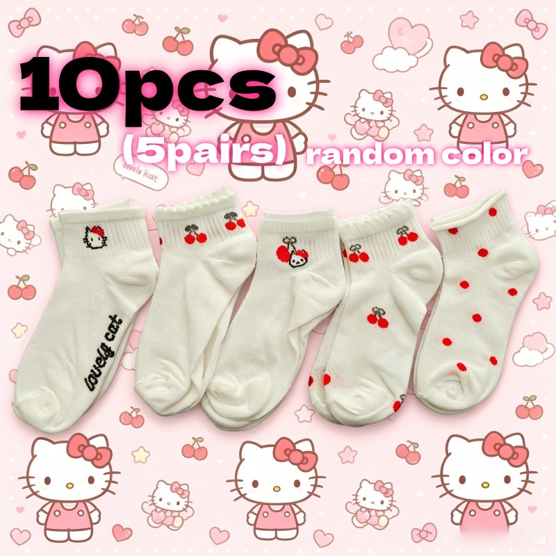 10pcs/5 Pairs Random Color New Hello Kitty Sports Socks For Women/men, Spring/summer Comfortable And Breathable Fitness Socks, Running Socks, Suitable For Outdoor Hiking And Daily Casual Wear