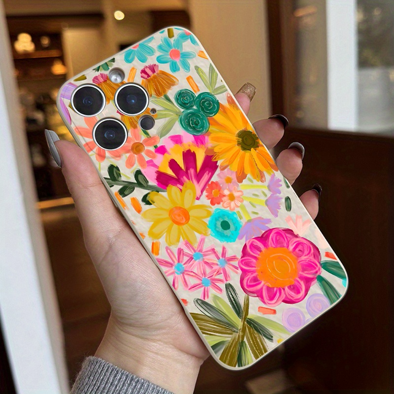 Dopamine Flowers Pattern Case for iPhone 16 15 14 Pro Max 13 12 11 XR XS Plus Liquid Silicone Full Body Protective Cover with Microfiber Lining Gifts for women girls