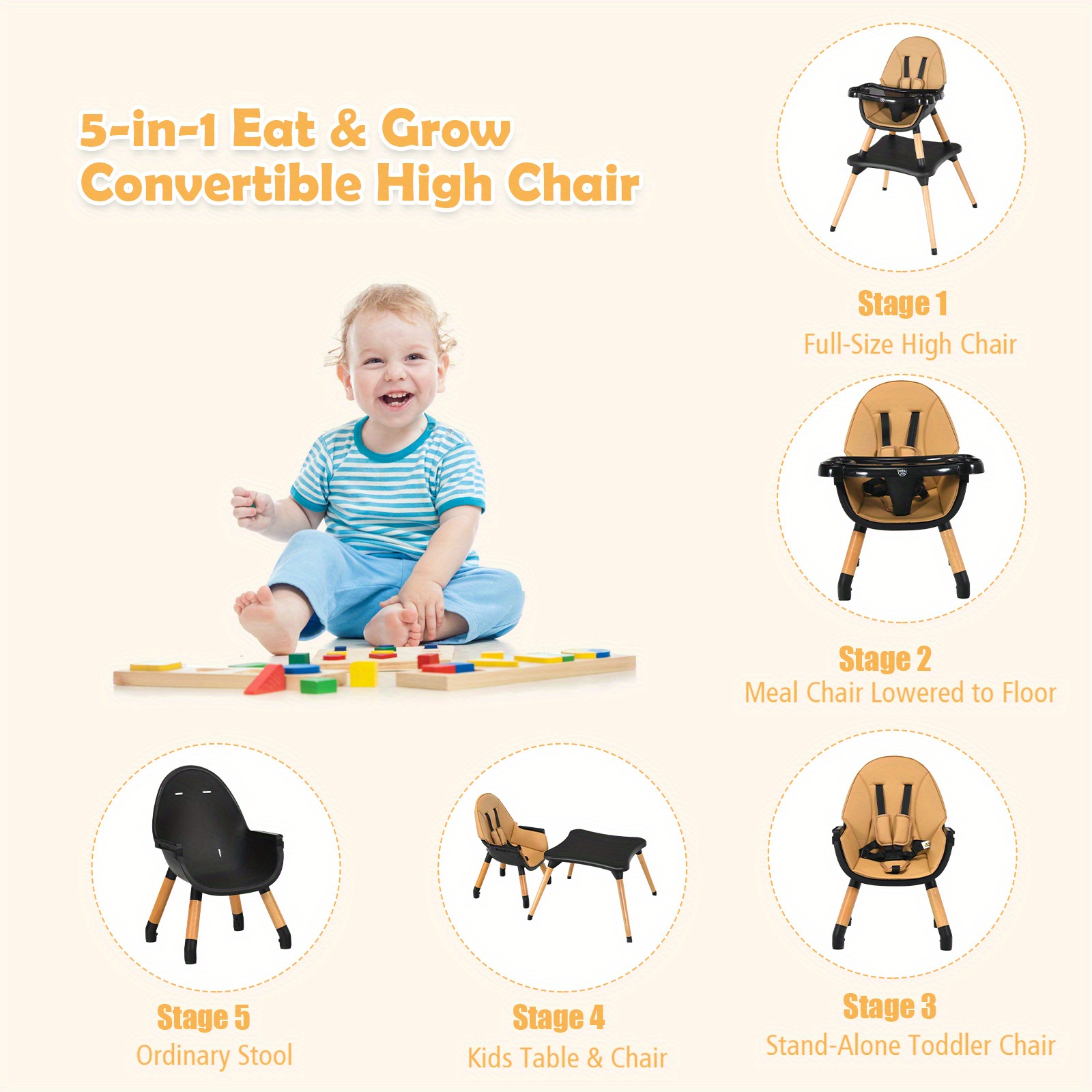 COSTWAY 6-in-1 Convertible High Chair with 6-in-1 Functionality - Wooden & Plastic Construction, Adjustable Height & 5-Stage Developmental Support - Image 5