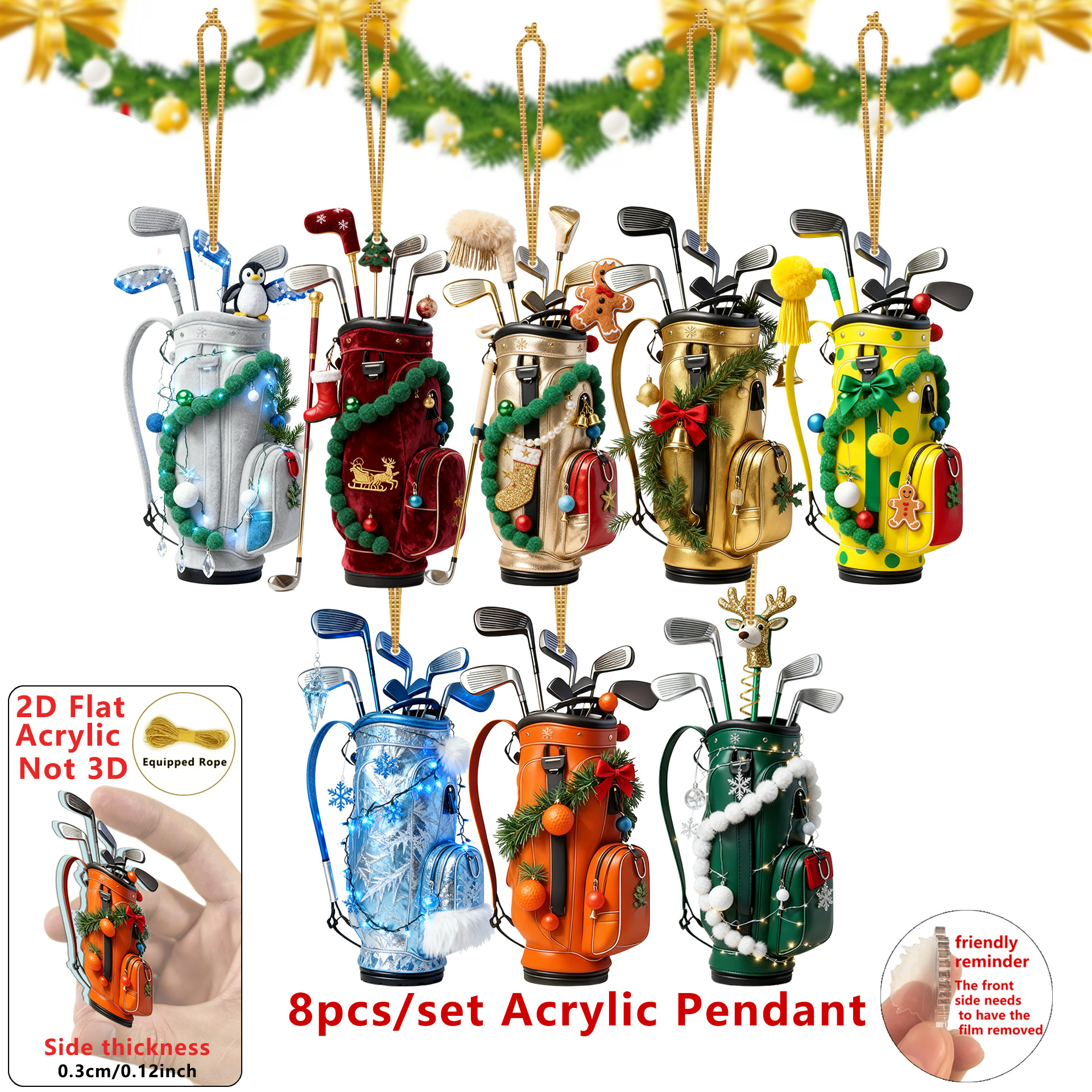 TEMU 2d Flat - 8 Acrylic Golf Club Bag Ornaments In 2d Design - Christmas Tree Decorations Featuring Red And Clubs, Perfect For Decor, Christmas Tree