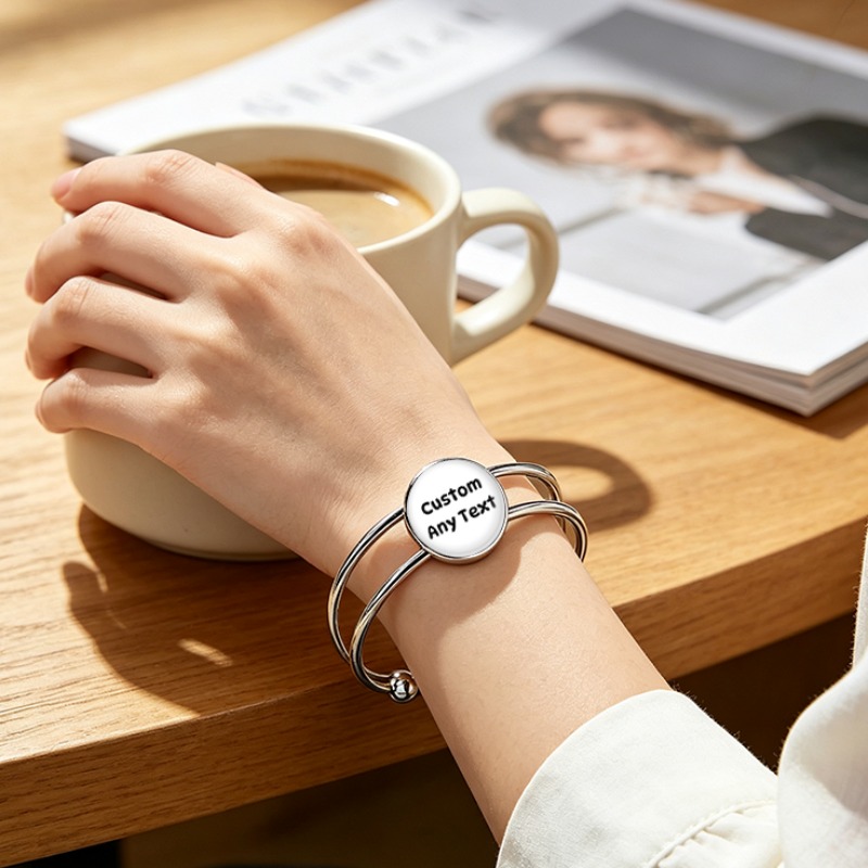 Women's Customizable Adjustable Open Bangle with Round Time Gemstone Inlay