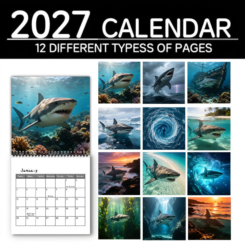 TEMU 2027 Full Year 12 Months Hanging Planning Wall Calendar Sharks Ocean Calendar 2027 Wall Lightweight Coil, Easy Wall Mounting With No Pressure,