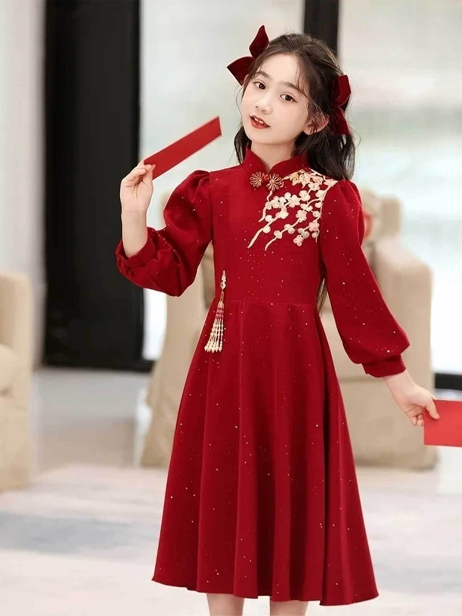 girls elegant red formal princess performance dress - long sleeve party wedding ceremony outfit with   collar,  -length formal gown for christmas, new year s, birthday - machine washable girls evening dress, holiday celebration, floral embroidery, luxurious texture,   formalwear, kids special occasion wear Product details 2