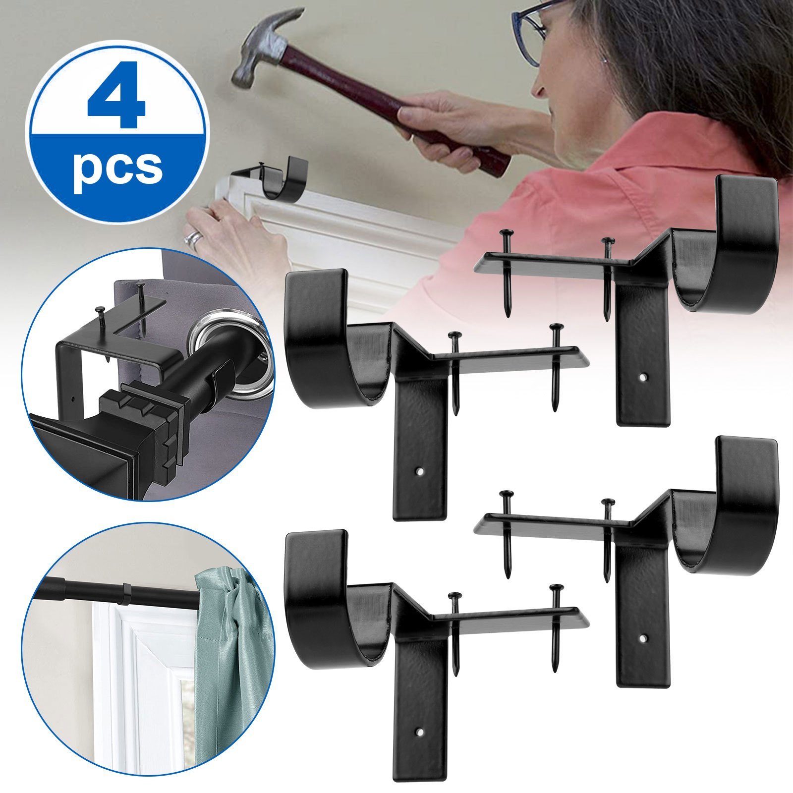 TEMU 4 1 No Drilling Curtain Rod Bracket, Adjustable Metal Heavy Duty Curtain Rod Bracket, No Screws Curtain Rod And Hook, Suitable For Home