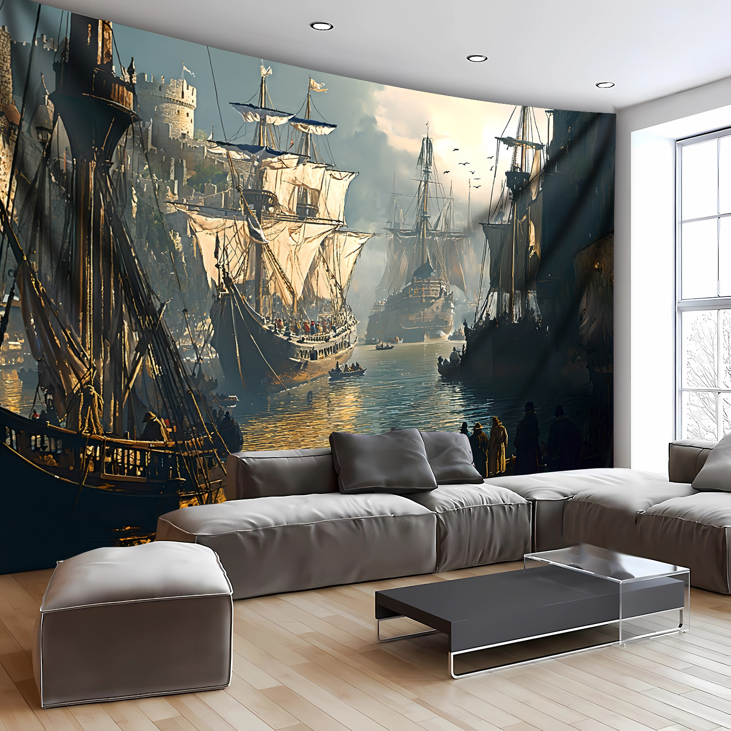 TEMU 1pc - Taille Ultra Large - Tapisserie d'impression numérique de photo de paysage portuaire médiéval rétro, Polyester d'impression esthétique -