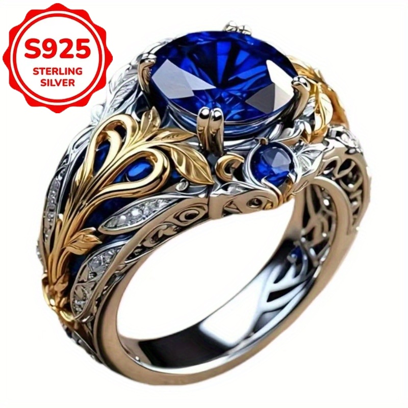 TEMU Ensemble de Bagues S925 Plaqué Argent avec Synthétique Bleu, Bijoux Style Vintage, Bagues Dominantes pour Hommes et Femmes, Idéal pour un Usage