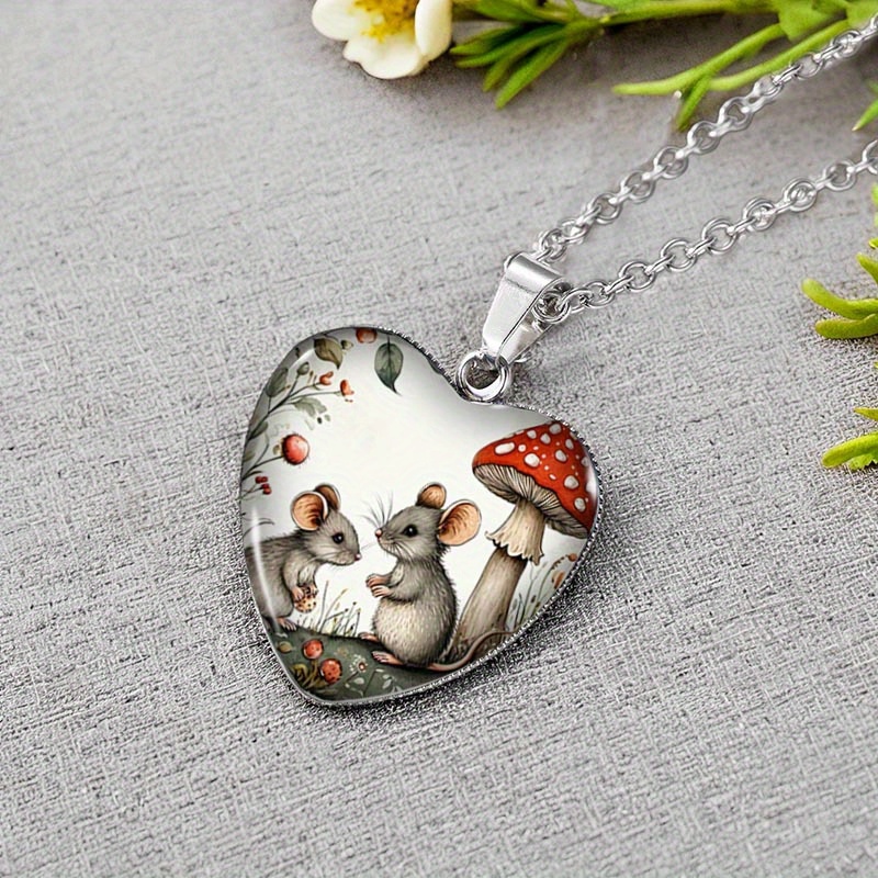 TEMU 1pc Mushroom Mouse Heart-shaped Glass Pendant Handmade Men's Jewelry