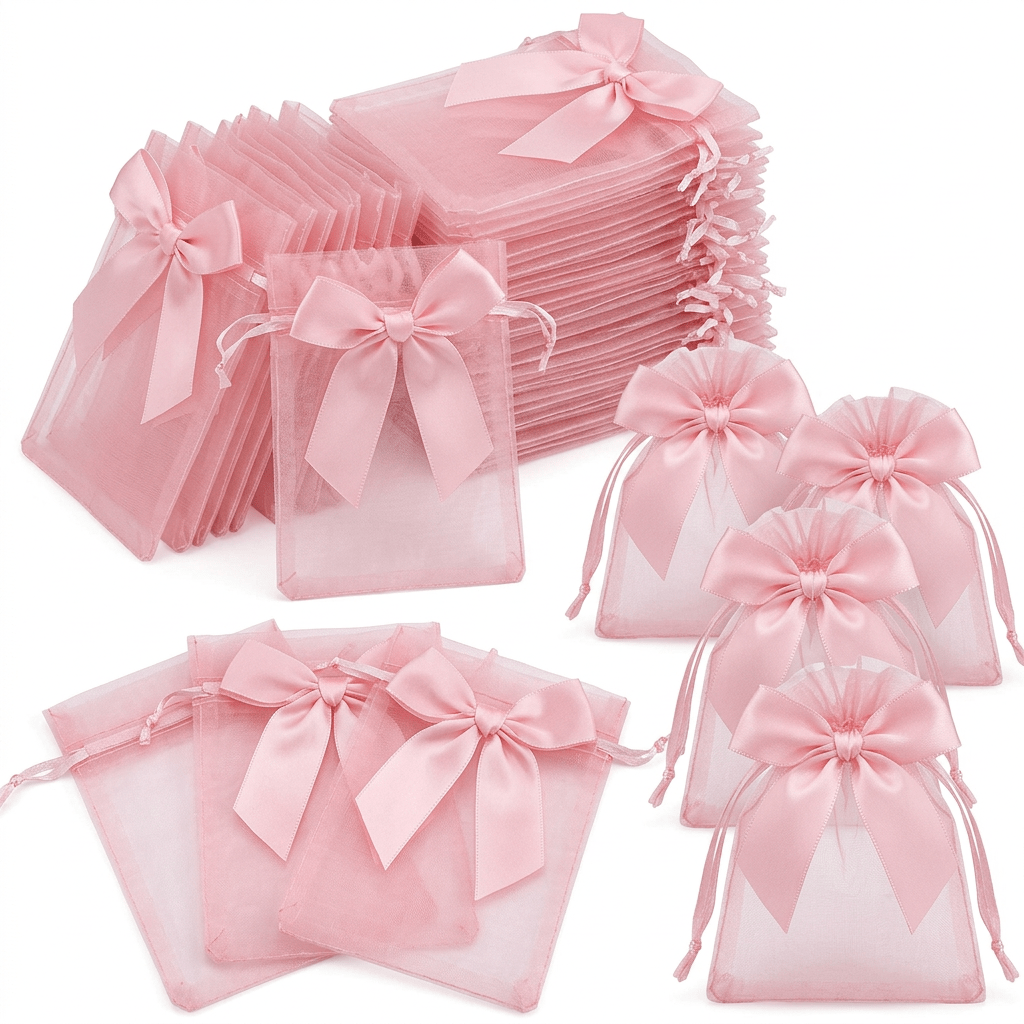 TEMU 24/48pcs Sacs Cadeaux en Organza Rose Transparent, Pochettes à Cordon en Rose avec Grand Nœud en Ruban de Satin, Sacs d'Emballage de Bijoux