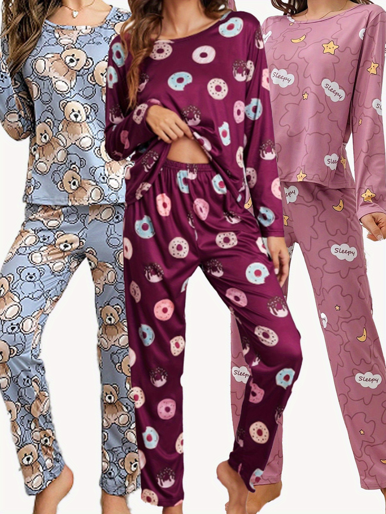 3 sets of 6pcs womens casual polyester tricolor long sleeved top long pants pajama set with eye mask doughnut doll bear moon and   fabric long sleeved top with trousers   casual loungewear     outs Product details 0