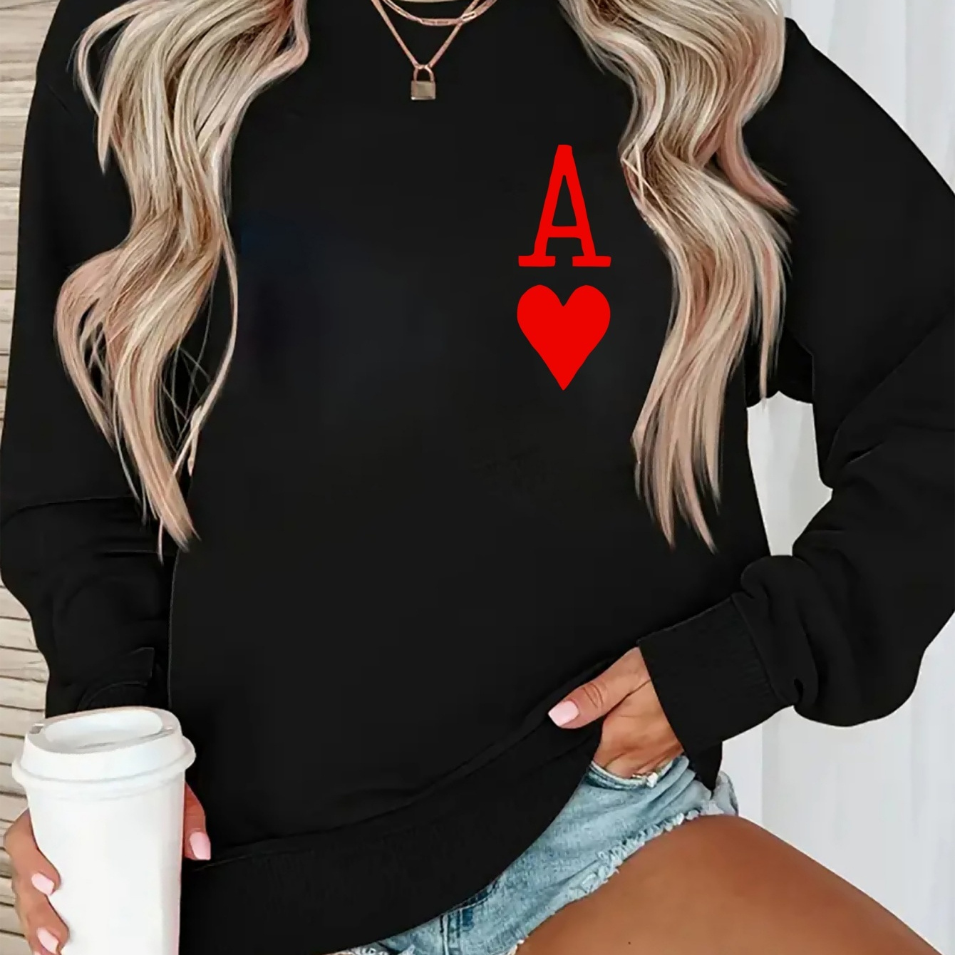 

1pc Women's Casual Pullover Sweatshirt With A Heart Print, Long Sleeve Round Neck, Polyester Knit, Stretch Fabric, Sports Style, All - Adult