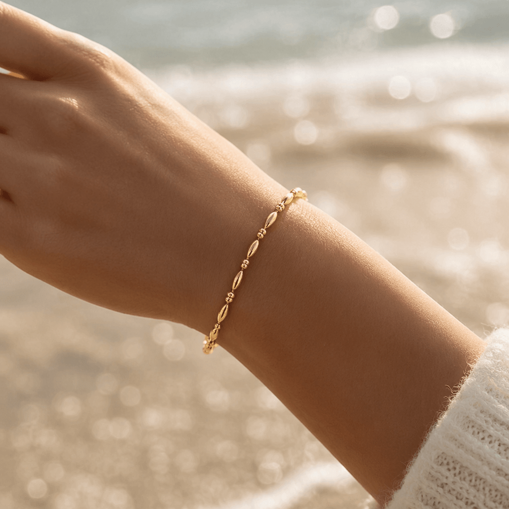 Oval Bead Golden Chain Bracelet, Elegant Bridal Gift