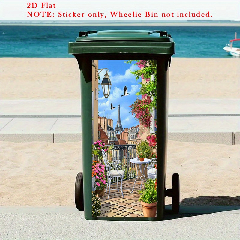 TEMU 1pc Parisian Cityscape Trash Can Decal - , Balcony, Floral Decor - Self-adhesive Pvc Stickers For Trash Cans, Bins - Removable Outdoor/indoor