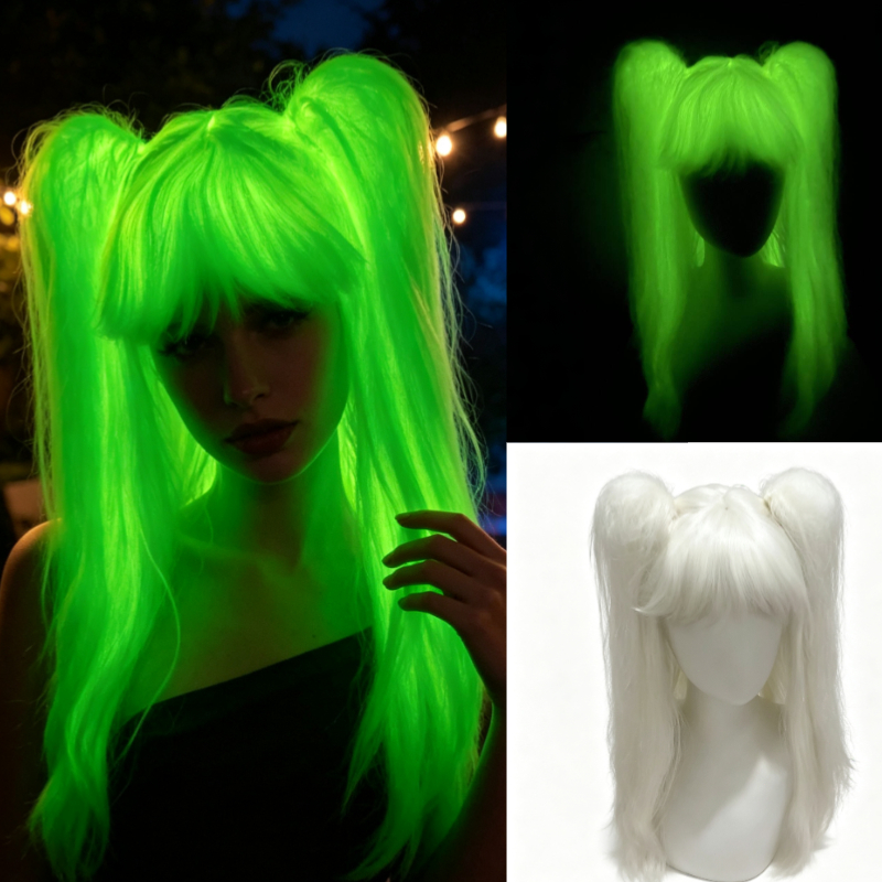 TEMU Y2K Damen Party Kostüm Perücke, Einzelne Neon Hochsteckfrisur Langes Glattes Haar, Reines Weiß für den , Fluoreszierendes Grün Leuchten Unter /