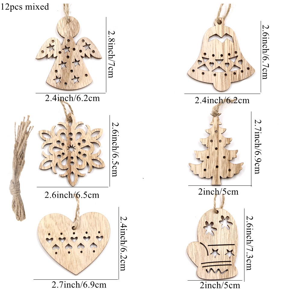 Image of 12pcs/ Set Vintage Christmas Wooden Hanging Pendants Hollowed Tree/ / Snowflake Crafts For Home Decoration Diy Painting Gifts Supply