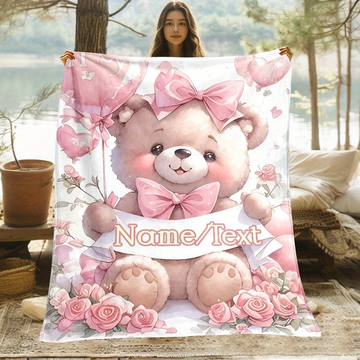 TEMU Personalized Teddy Bear Flannel Blanket With Pink Bow - Lightweight Blanket For Camping, Travel, Sofa, Bed, And Office - Custom Name/text,