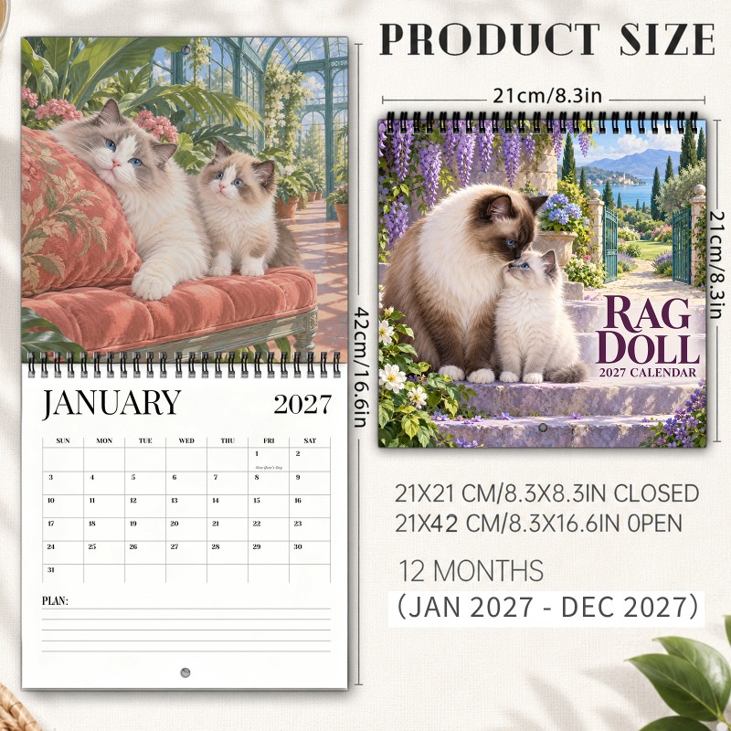 TEMU 2027 Ragdoll Cats Wall Calendar - Spiral-bound Hanging Planner With Thick Paper Suitable For Cat Lovers, 12-month Monthly Calendar With Ragdoll