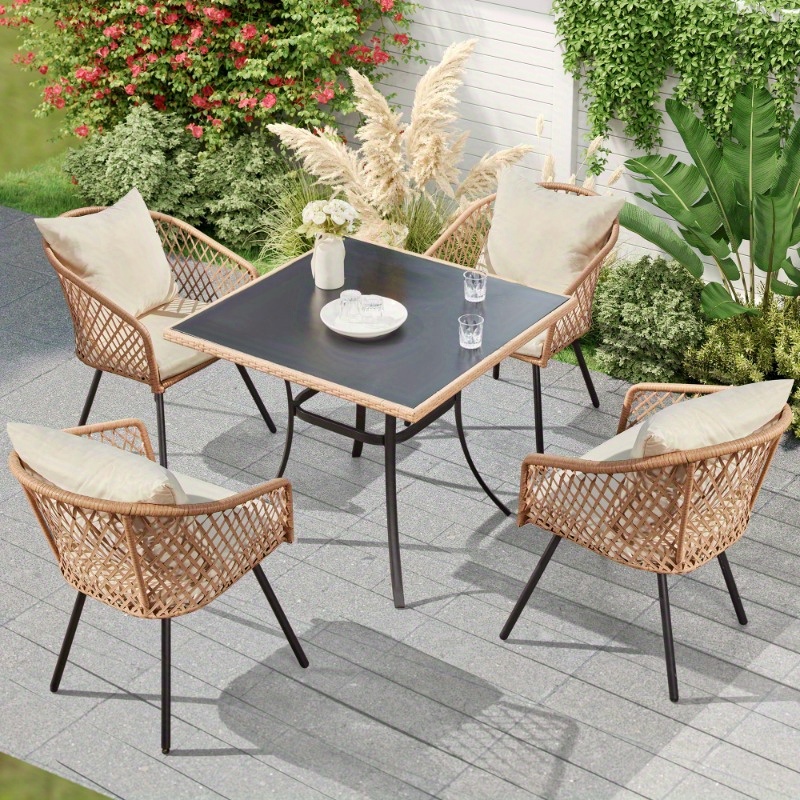 35'' square patio dining table for 4, tempered glass top wicker