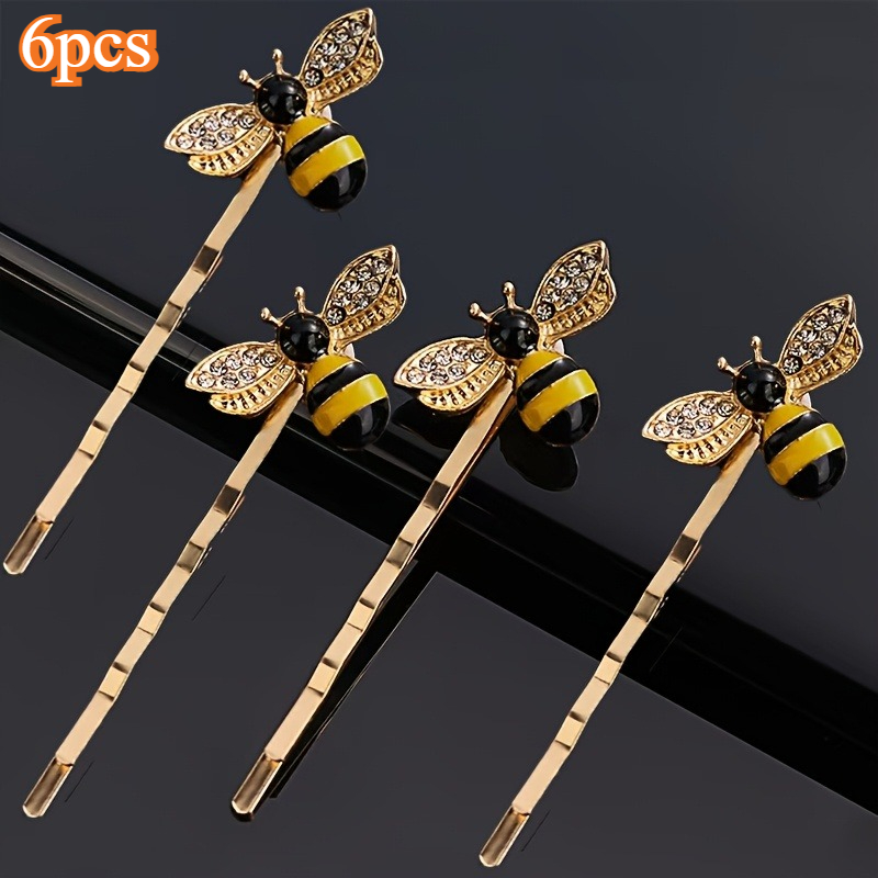 TEMU 6pcs Of Cute And Elegant Three-dimensional Bee Hair Clips, With Imitation Crystal-enamel High-end Hair Additions, For Prom, Weddings And Daily