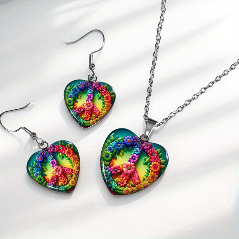 3pcs Hippie Peace Symbol Heart-Shaped Earrings Necklace Set