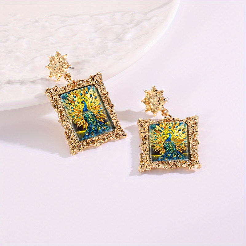 Women's Peacock Feathers Picture Rectangle Glass Cabochon Dangle Earrings