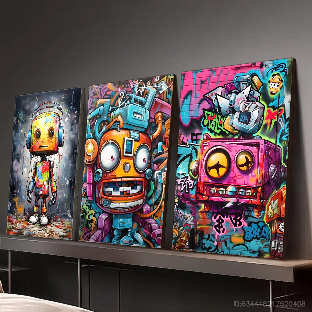 3pcs Framed Canvas Art - Vibrant Graffiti Robot & Space-Themed Wall Decor with Pine Wood Frame, Perfect for Living Room, Bedroom, Cafe, or Bar, Indoor/Outdoor Use, Indoor Wall Decor | Vibrant Wall Art | Wrapped Canvas Frame, Wall Art Decor