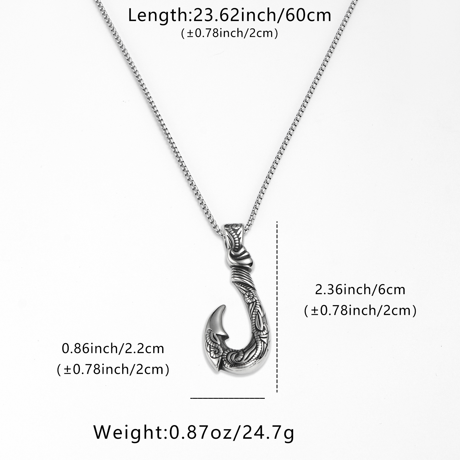Image of Silvery Hawaiian Fish Hook Pendant Necklace For Men Polynesian Style Jewelry With Tribal Carvings Gift For Ocean And Island Fashion Enthusiasts