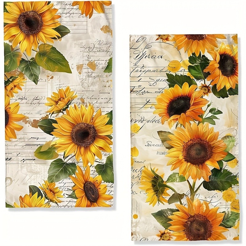 TEMU Set Of 2 Sunflower Kitchen Towels, Material, Decorative, Machine Washable. Yellow Sunflowers With A Vintage Watercolor Design, Ideal For