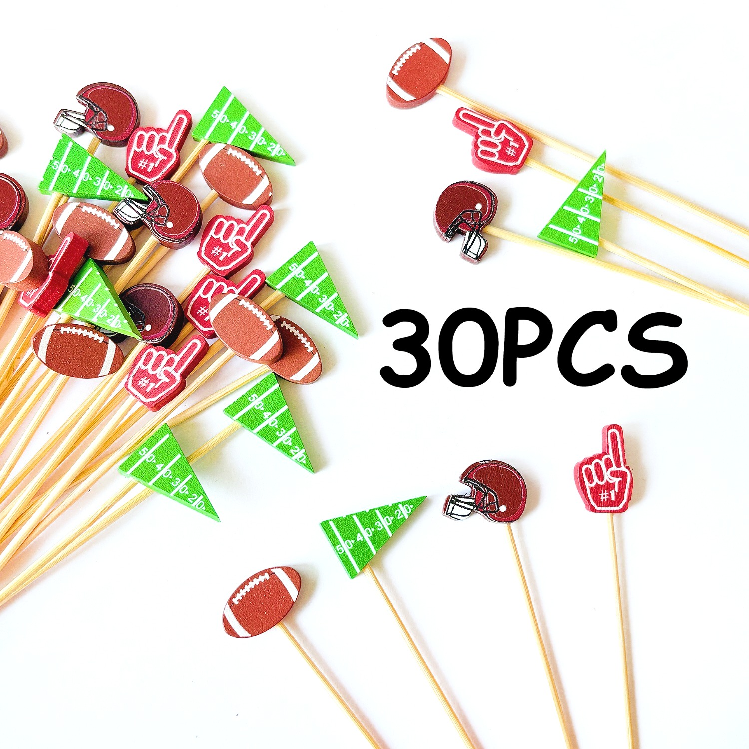 Image of 30/60 Football Dessert Fruit Picks|4.92- Inch Random Styles Cupcake Cocktail Decoration | Football, Helmet, Flags, Finger Designs | Appetizers, Fruit, Sandwiches