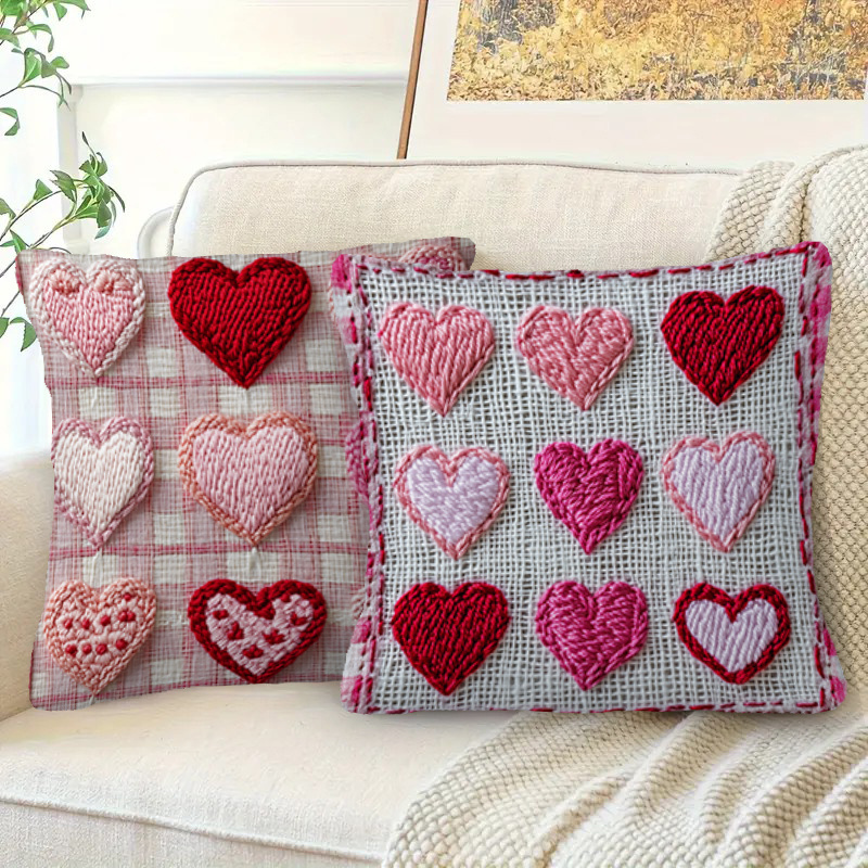 

2pcs 's Day Throw Pillow Covers, 18x18", Short Plush With Crocheted Hearts Design, Pink & Neutral Background - Zippered, Machine Washable For Sofa, Bed, Car Decor (no Inserts), Decorative Pillows