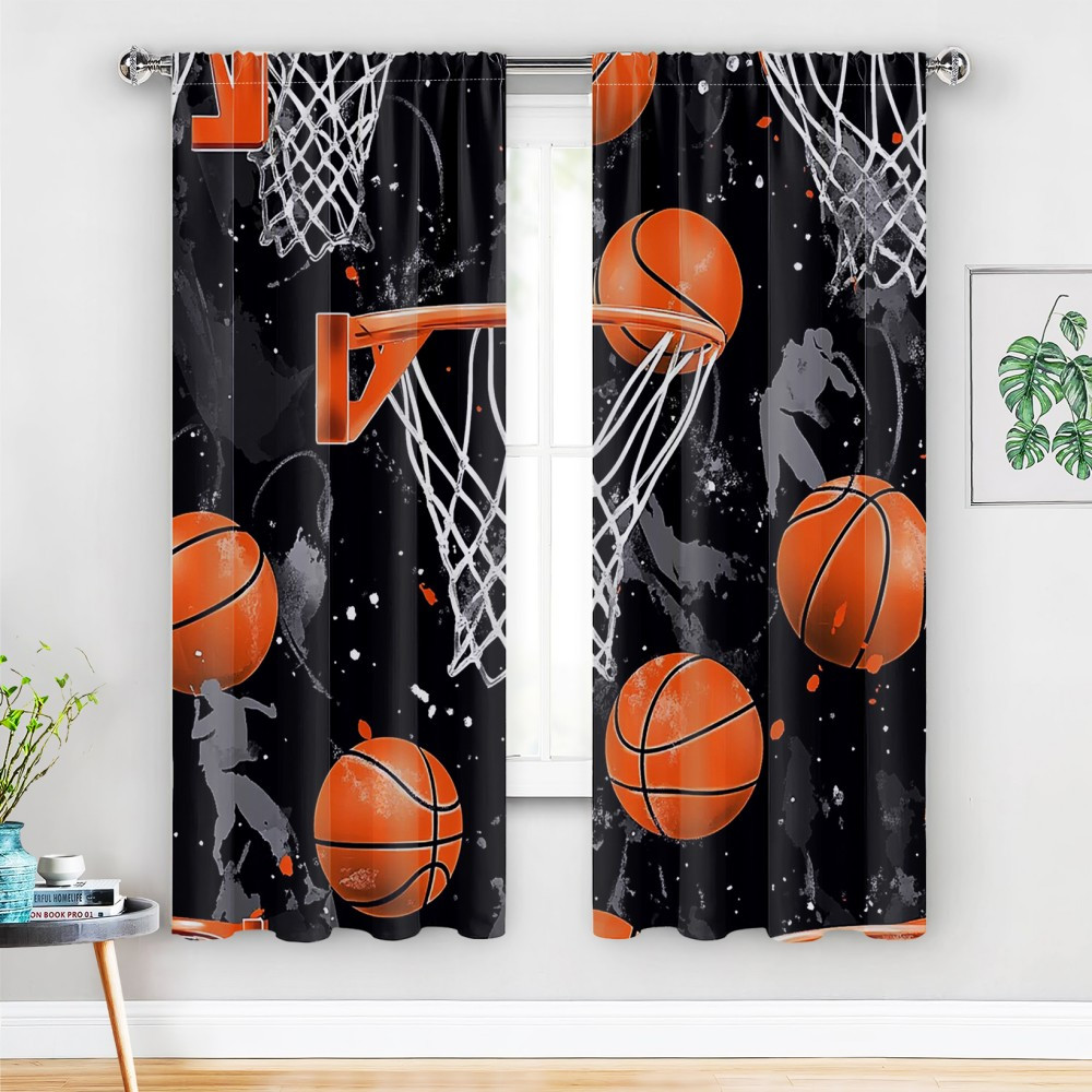 

2pcs Classic Polyester Blackout Curtains, Athletic Basketball Theme, Light Blocking Panels, 21.65x59 / 41.34x82.68 Inches, For Sports Decor