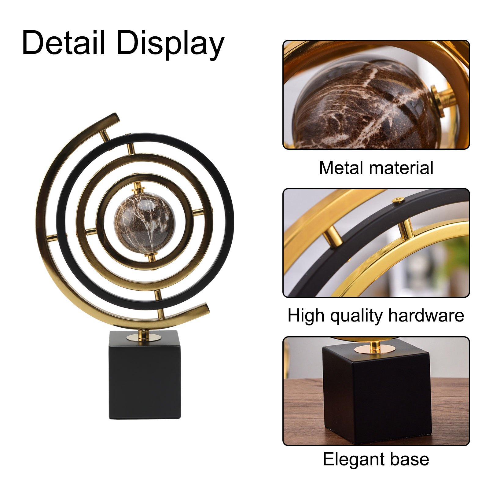 Elegant Black & Golden Metal Globe Sculpture with 360° Rotation