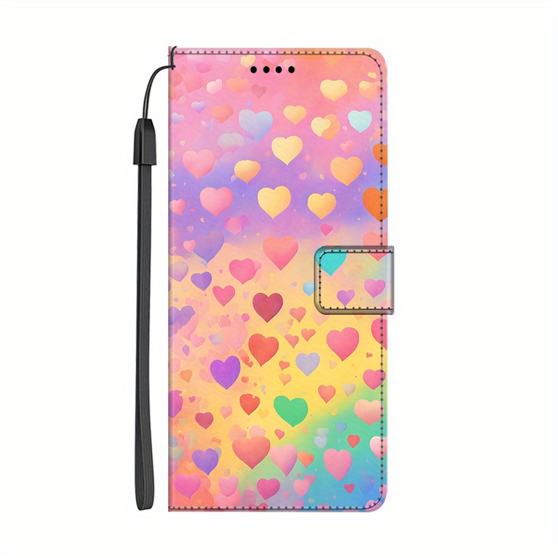 TEMU Phone Case: Colorful Heart Pattern Pu Magnetic Flip Wallet Case With D Holder Stand For Moto