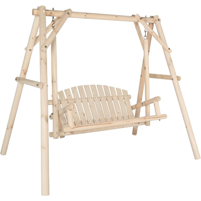 [Heavy Duty Swing] Bonnlo Heavy Duty 880 LBS Wooden Patio Porch Swing with A-Frame Stand, Hanging Swing Bench Chair with Frame for Outside, Yard, Garden (Rustic Sequoia Dusk/Natural)