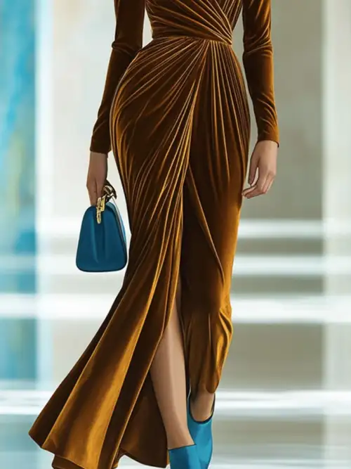 winter wrap dress long sleeve R.Vivimos Womens Velvet V Neck Wrap Dress Fall Winter Long Sleeve Waist Ruched Elastic Elegant Midi Dress