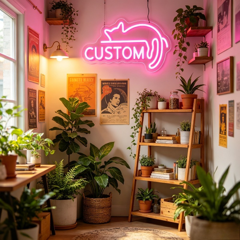 Custom Pink LED Neon Sign, Lazy Cat-Shaped, USB Powered